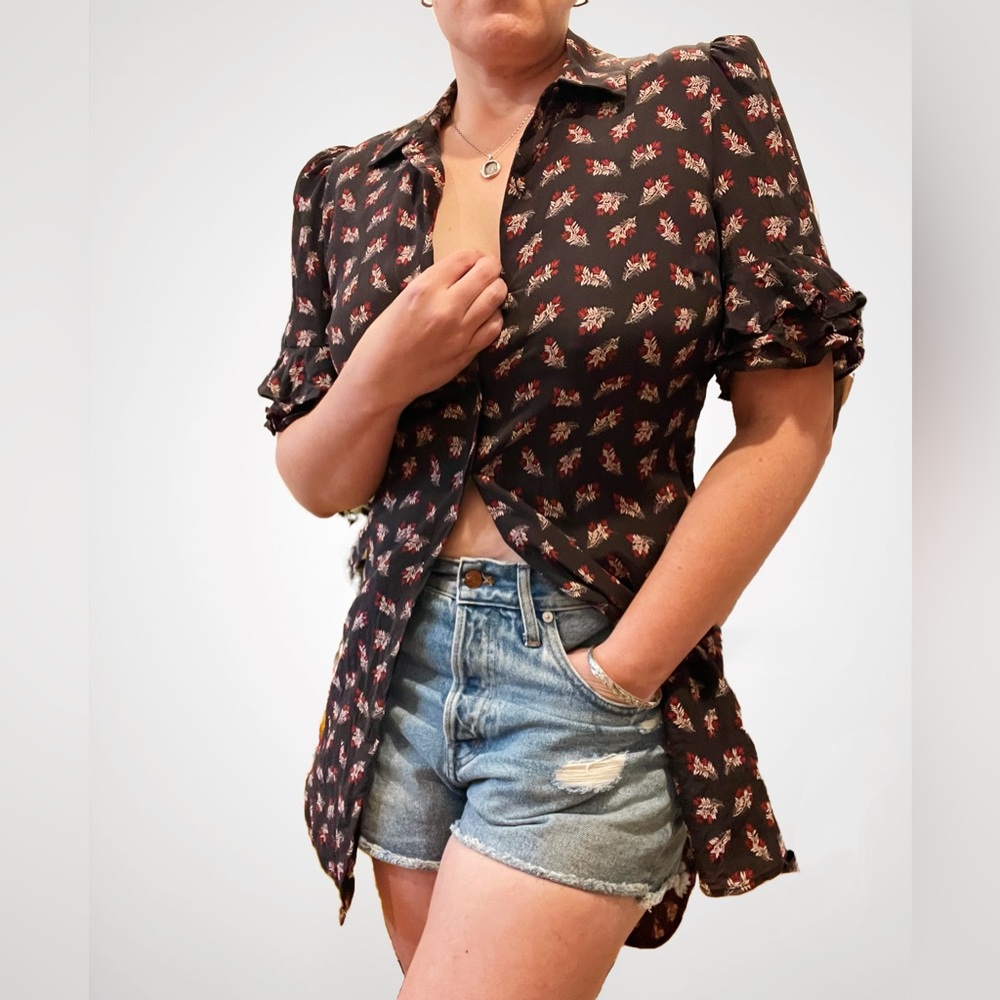 Frame Silk Floral Ruched Sleeve Shirt Dress, Fabric Buttons